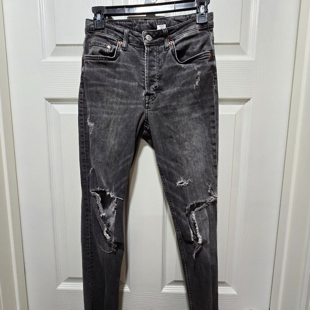 &Denim Jeans Womens Black Distressed Trashed Skinny Ankle High Waist 28